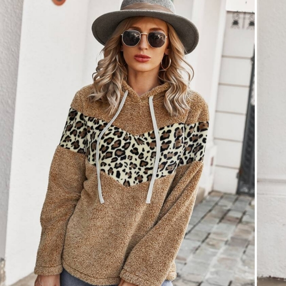 1 LEFT! Mocha Brown Leopard Teddy Hoodie - Picture 3 of 7